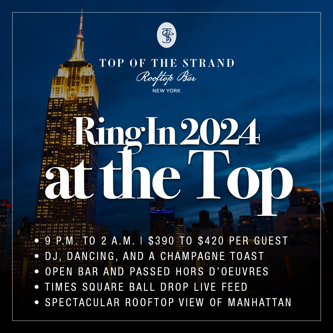 Promo image for News Years event at Top of the strand rooftop bar.