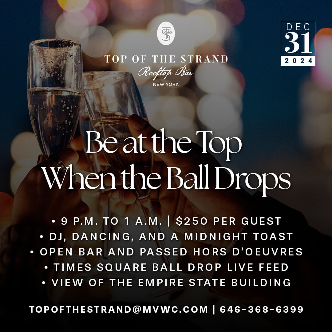 Promo image for News Years event at Top of the strand rooftop bar.